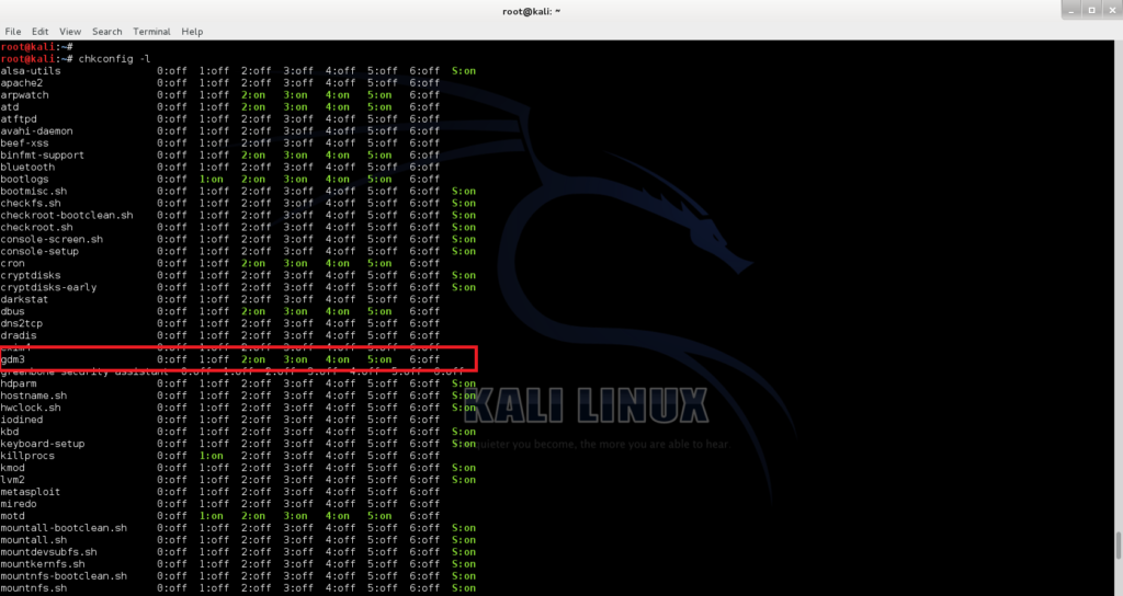 Check current status of gdm3- Revert Kali Linux login to classic BackTrack command line login - 2 - blackMORE Ops