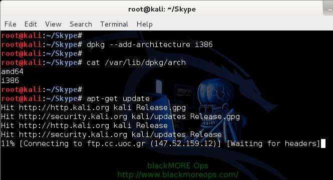 11 - Install Skype in Kali Linux - dpkg --add-architecture i386 - blackMORE Ops