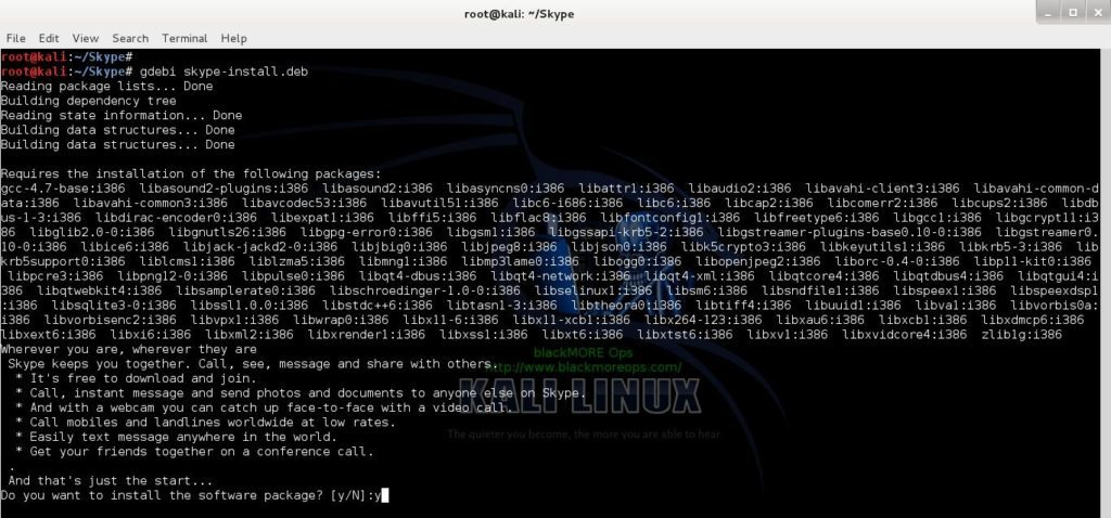 12 - Install Skype in Kali Linux - gdebi skype-install.deb - blackMORE Ops