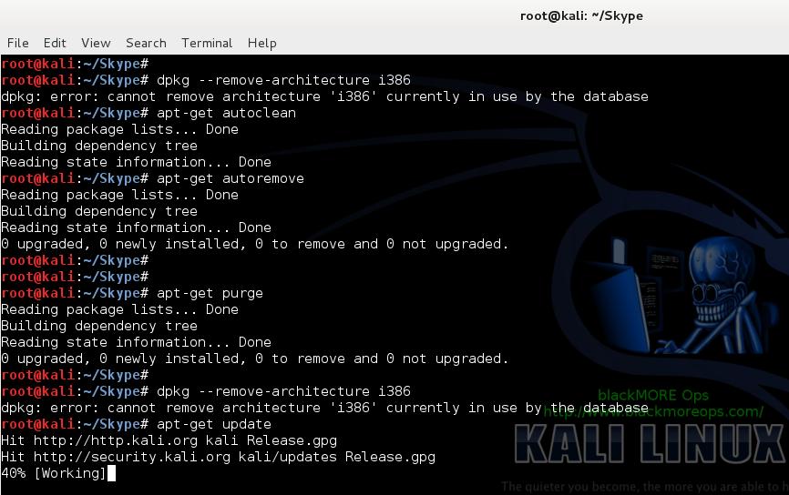 18 - Install Skype in Kali Linux - autoremove autoclean purge - blackMORE Ops