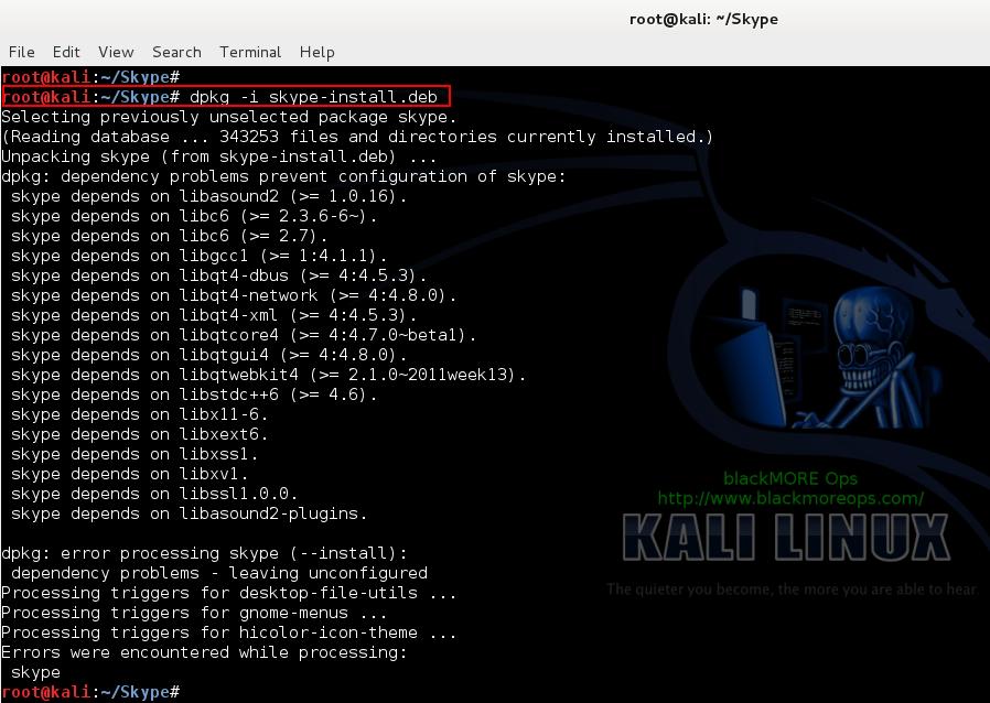 4 - Install Skype in Kali Linux - dpkg -i skype-install.deb - blackMORE Ops