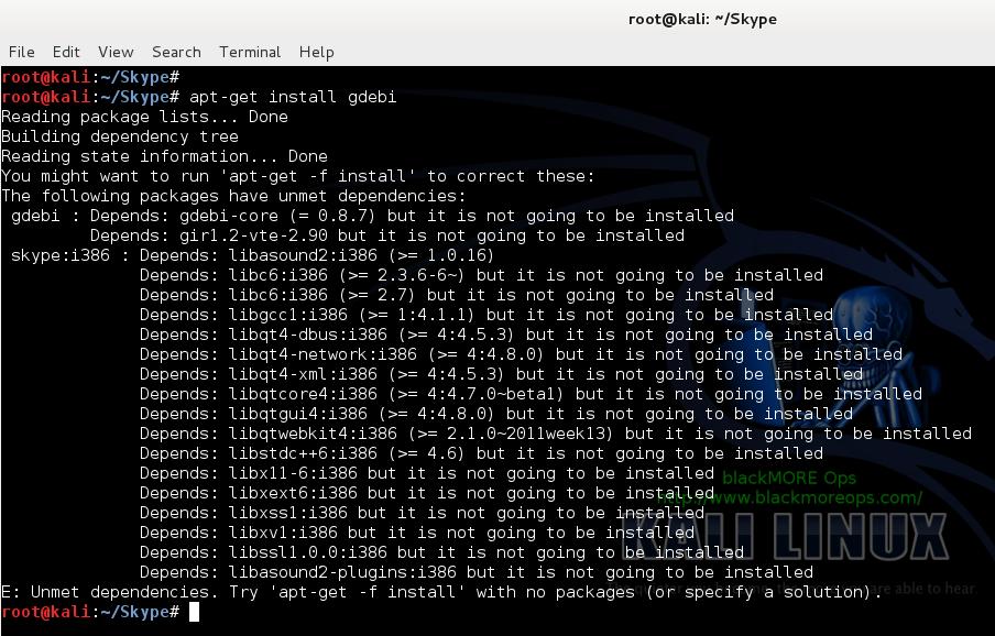 5 - Install Skype in Kali Linux - apt-get install gdebi - blackMORE Ops