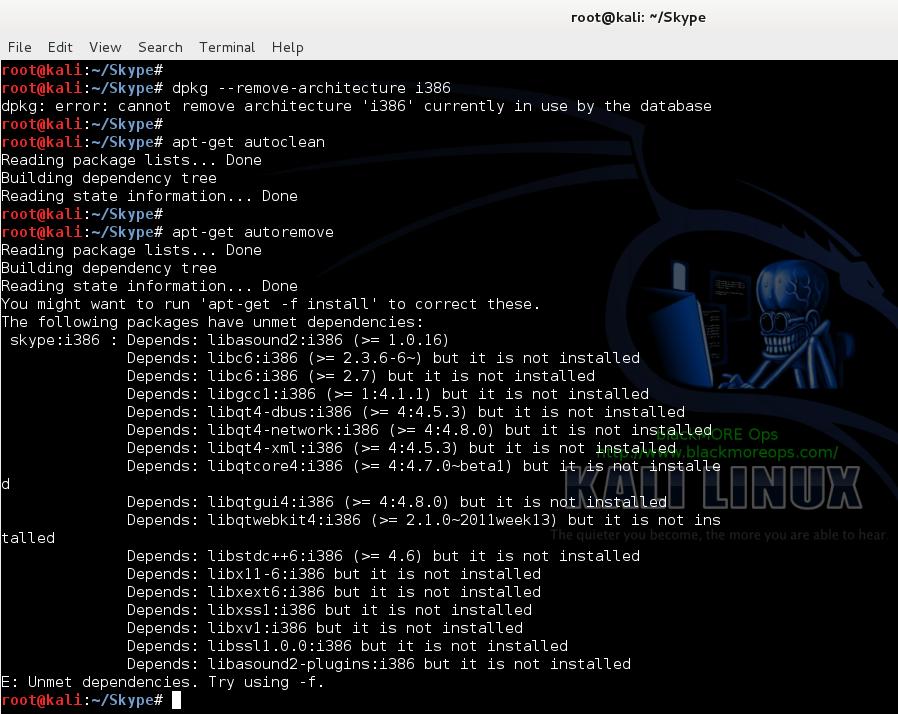 6 - Install Skype in Kali Linux - dpkg --remove-architecture i386 - blackMORE Ops