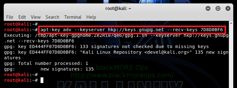The following signatures were invalid EXPKEYSIG ED444FF07D8D0BF6 Kali Linux Repository - blackMORE Ops -4