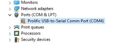prolific usb to serial comm port com4 warning