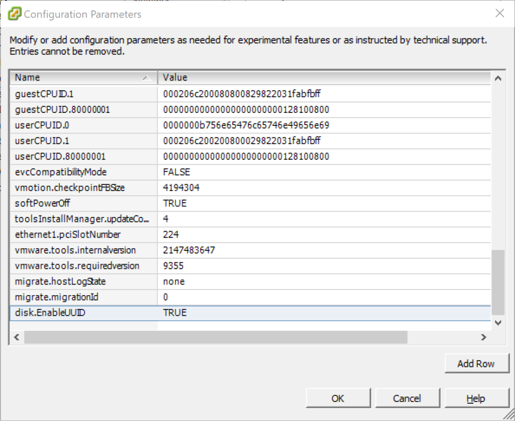 Adding disk.EnableUUID True to Configuration Parameters