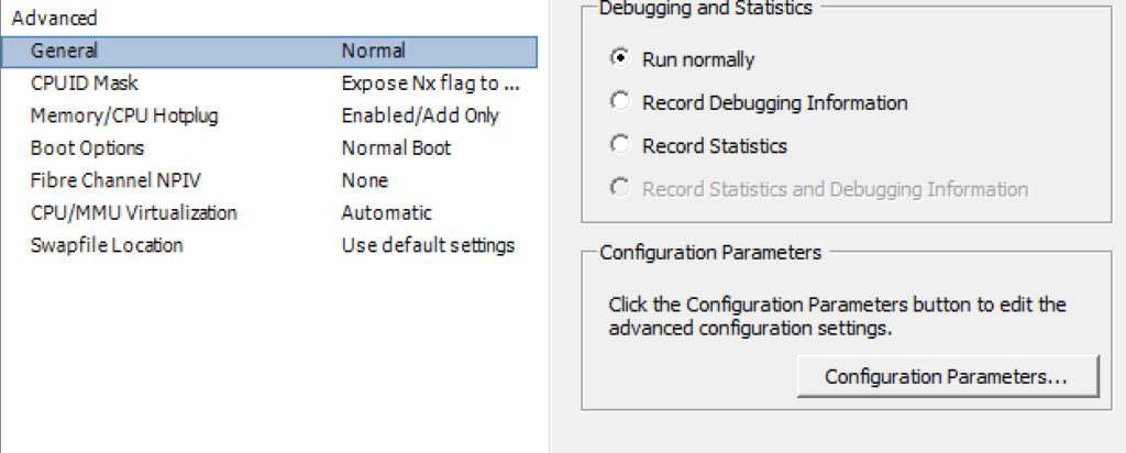 General Configuration Parameters settings on VMware