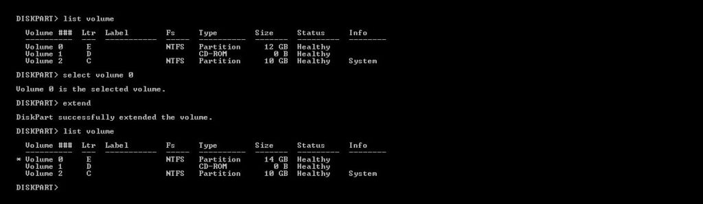 List the volumes then select one to extend with diskpart