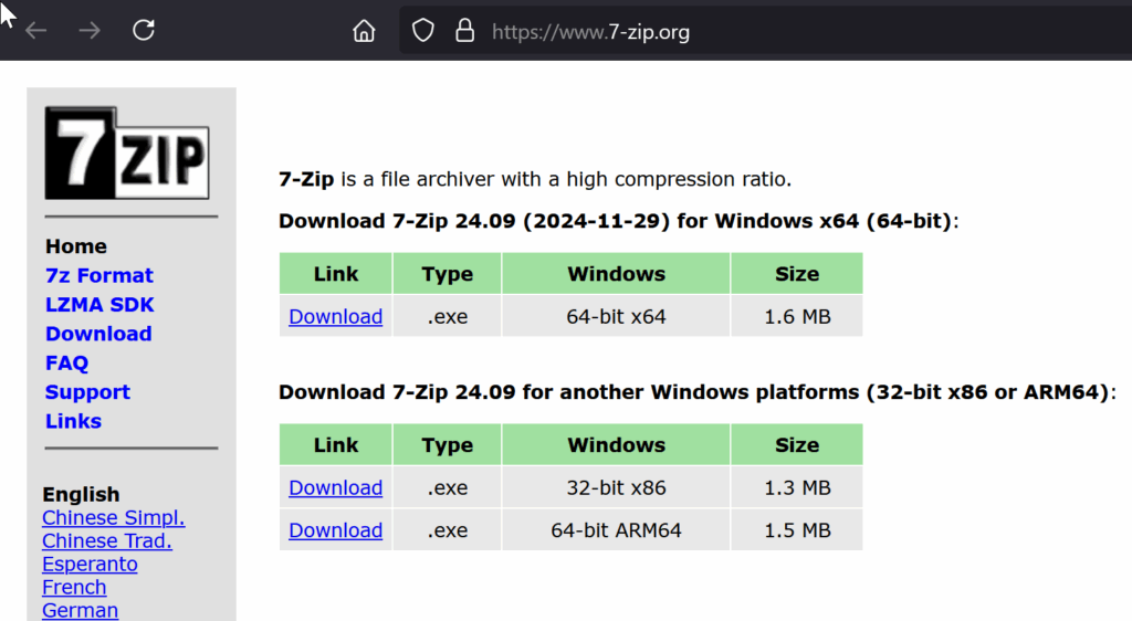 7-Zip official download page displaying Windows installer options for Kali Linux VirtualBox setup