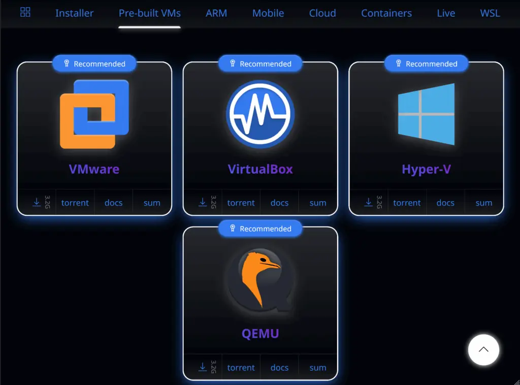 Kali Linux official download page displaying pre-built VirtualBox images for Kali Linux VirtualBox setup