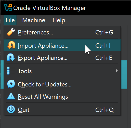 Oracle VirtualBox Manager interface displaying import appliance wizard for Kali Linux setup