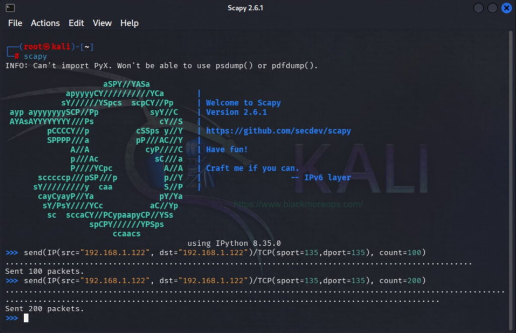 Screenshot showing IP addressing spoofing with scapy on Kali Linux and Denial of Service (DoS) attack on a destination IP address.