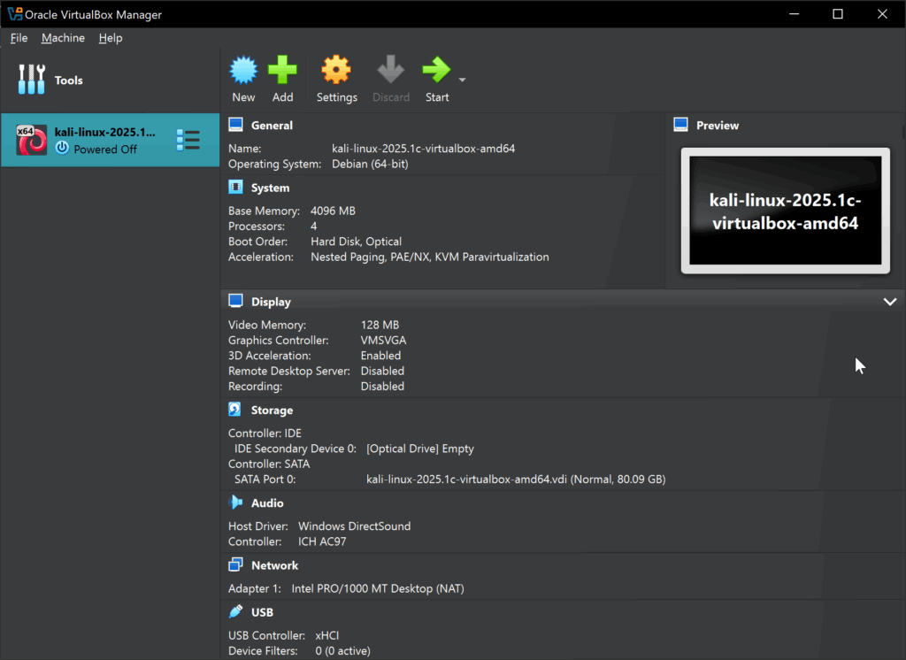 VirtualBox Manager interface with updated Pre-built Kali Linux Image. Select start button to start the machine
