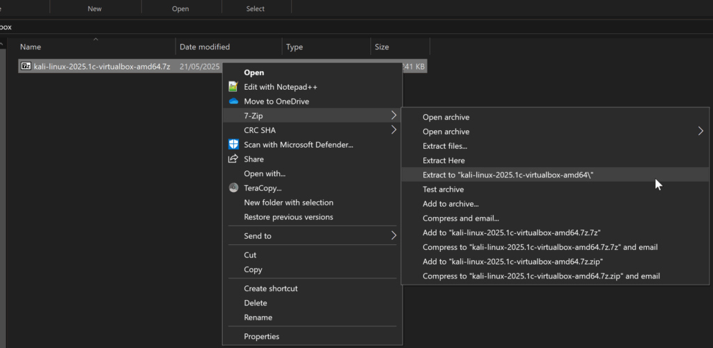 Windows File Explorer displaying 7-Zip extraction options for Kali Linux vBox compressed file