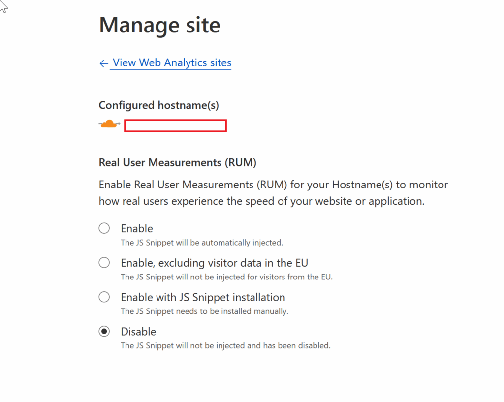 Selecting Disable to remove RUM tracking in CloudFlare to fix the HTTP 404 Error