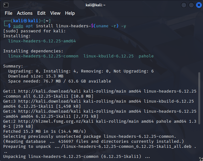 Kali Linux terminal displaying successful linux-headers installation required for VirtualBox Guest Additions Kali Linux