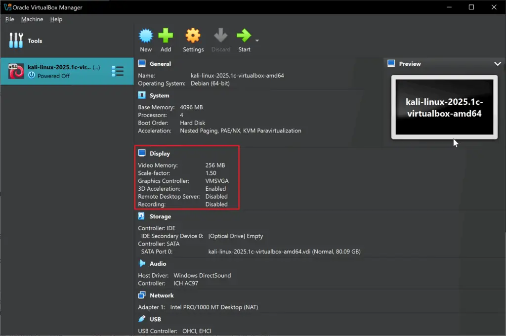VirtualBox settings showing video memory increased to 256MB in display section