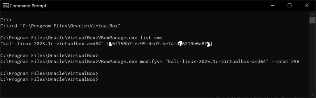 Command prompt showing VBoxManage commands to list VMs and increase video memory to 256MB