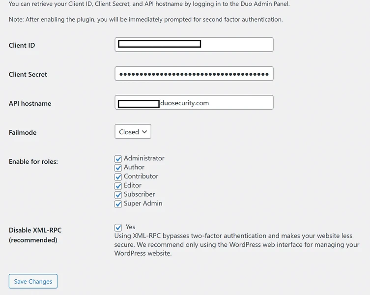 How to Add Two-Factor Authentication in WordPress for Free 432 Cisco DUO plugin configuration settings for 2-step verification