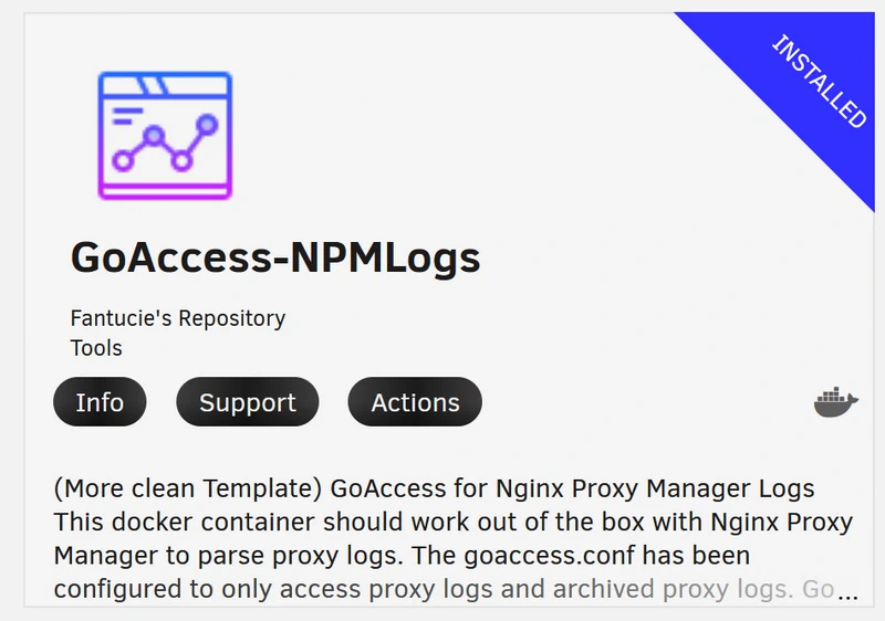 📊Monitor Nginx Proxy Manager with GoAccess for Nginx Proxy Manager Logs 431 Unraid Apps search results showing GoAccess for Nginx Proxy Manager container